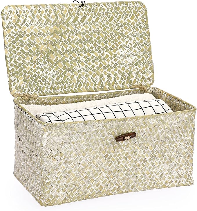 Hipiwe Seagrass Storage Basket Bins with Lid Handwoven Wicker Shelf Baskets | Rectangular Basket Household Organizer Boxes for Shelf Closet Bedroom Home Decor, Whitewash Medium