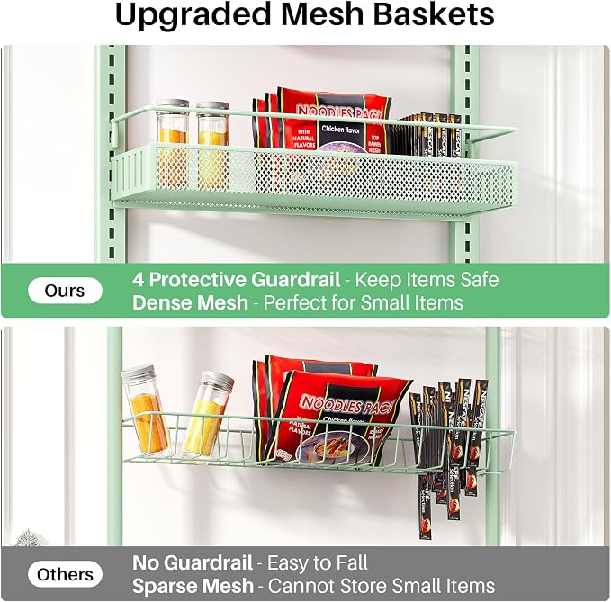 SNTD 8 Tiers Over the Door Organizer - Height Adjustable Pantry Organizers and Storage with Dense Mesh Baskets, Anti-Swing Hanging Door Spice Rack for Kitchen Bathroom (Green, 17" W x 6" D x 69" H)