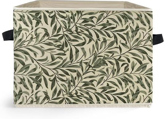 Green Willow Plant Storage Box Bins, Vintage Rustic Botanical Collapsible Storage Basket Organizer for Bedroom Laundry Room Home Clothes Books, Decor for Room