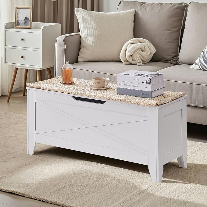 VECELO 43.3" Storage Chest with Lift Top Storage, Farmhouse Style Ottoman with Handwoven Wicker Cushion, Safety Hinges, Ideal for Entryway, Bedroom, Living Room, Ivory White