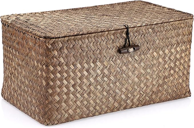 Hipiwe Wicker Shelf Baskets Storage Bin with Lid Handwoven Seagrass Basket | Rectangular Household Basket Boxes for Shelf Wardrobe Home Organizer, Coffee Medium