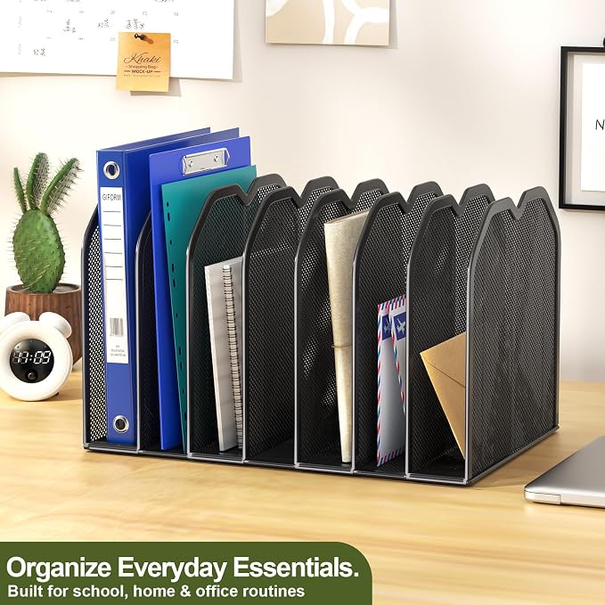 FANXIYQ Black 7-Section File Folder Organizer for Desk, Metal Vertical File Holder Stand, Desktop File Organizer Rack for Letter/A4 Folders, Papers, Books, Office Classroom Home