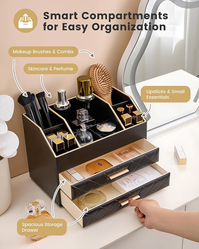 Lolalet 3-Layer PU Leather Makeup Organizer for Cosmetic Vanity -Black | Large Bedroom Dsek Countertop Cosmetic Organizer with Brush Holder, Skincare Storage for Lipsticks, Nail Polish, Perfume