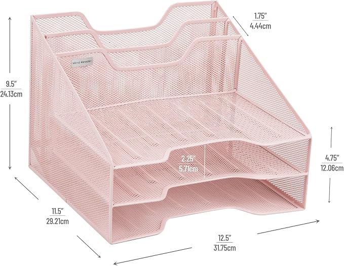 Mind Reader Metal Mesh Desktop File Organizer, 3-Tier Paper Tray with 5 Compartments, Office Mail Sorter, Pink