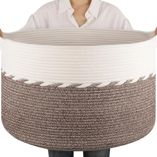 OIAHOMY 90L Extra Large Blanket Basket - Decorative Cotton Rope Storage Basket for Bedroom, Living Room & Nursery - Woven Laundry Hamper for Organizing Blankets, Clothes & Toys - Brown & White