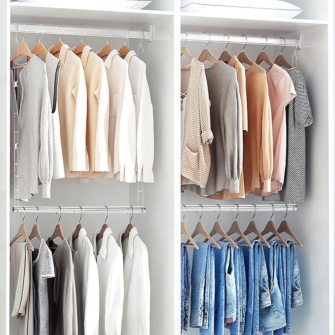 STORAGE MANIAC Hanging Closet Rod, Adjustable Width and Height Closet Hanging Organizer, Space-Saving Clothes Hanging Bar, Closet Extender Hanging Rod Double Closet Hanging Rod, 1 Pack Chrome