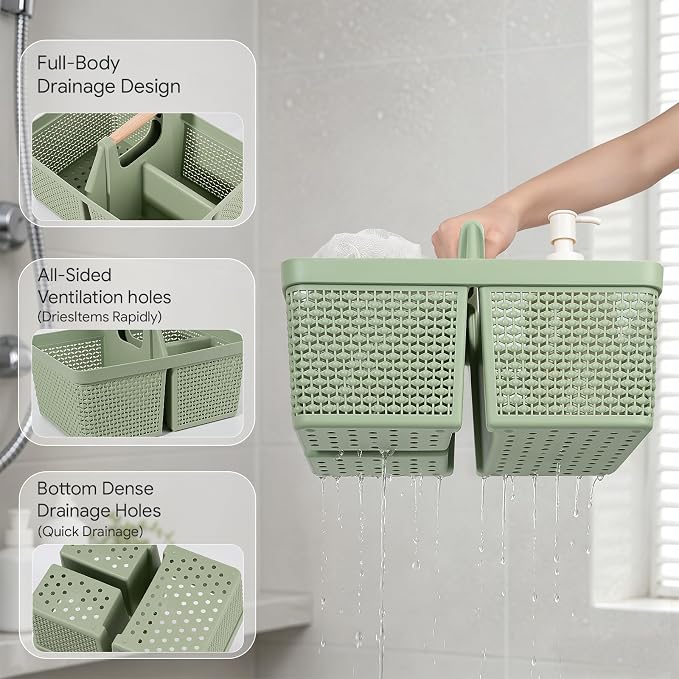 UUJOLY Portable Plastic Shower Caddy Basket with Wooden Handle, Green | Divided Storage Organizer Tote for Bathroom, Dorm, College, Kitchen & RV – Lightweight, Easy-Carry Essentials Caddy