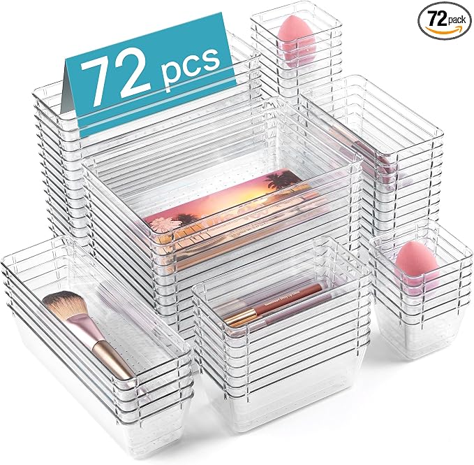 Vtopmart 72 PCS Clear Plastic Drawer Organizers Set, 4-Size Versatile Bathroom and Vanity Organizer Trays, Non-Slip Storage Containers for Makeup, Jewelries, Bedroom，Kitchen Utensils and Office | 4-Size Versatile Makeup Organizer, Non-Slip Storage Cont...