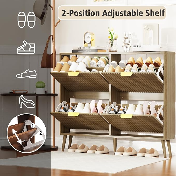 KIGOTY Narrow Shoe Storage Cabinet, Shoe Cabinet with 4 Flip Drawers, Freestanding Shoe Organizer with Legs for Entryway, Slim Shoe Rack Cabinet for Enterway (Light Brown, 4 Flip Drawer)