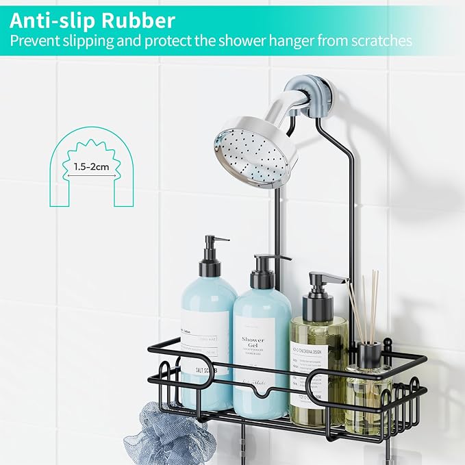 HapiRm Hanging Shower Caddy Organizer - Bathroom Organizer with 12 Hooks and Soap Holder, Rustproof Shower Shelf over Shower Head - Black
