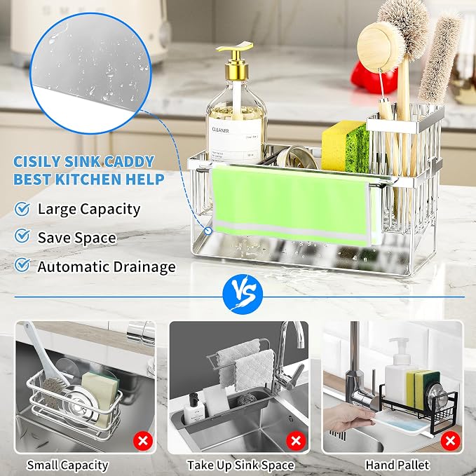 Cisily Kitchen Sink Caddy Organzier with High Brush Holder, Sponge Holder for Sink, 304 Rustproof Stainless, Kitchen Countertop Soap Dispenser Organizer (Silver With Towel Rack, 9.25″)