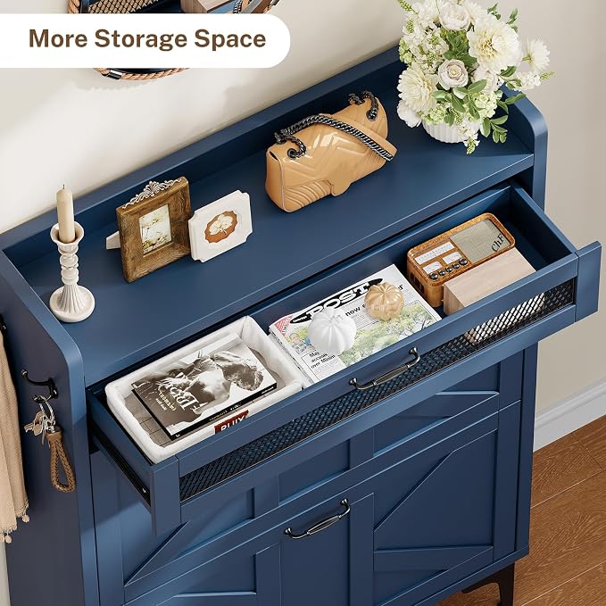 Shoe Cabinet with 2 Flip Drawers & Top Drawer, Farmhouse Narrow Shoe Storage Cabinet with Adjustable Shelves & Hooks, Freestanding Hidden Slim Shoe Rack Cabinet for Entryway, Hallway, Blue