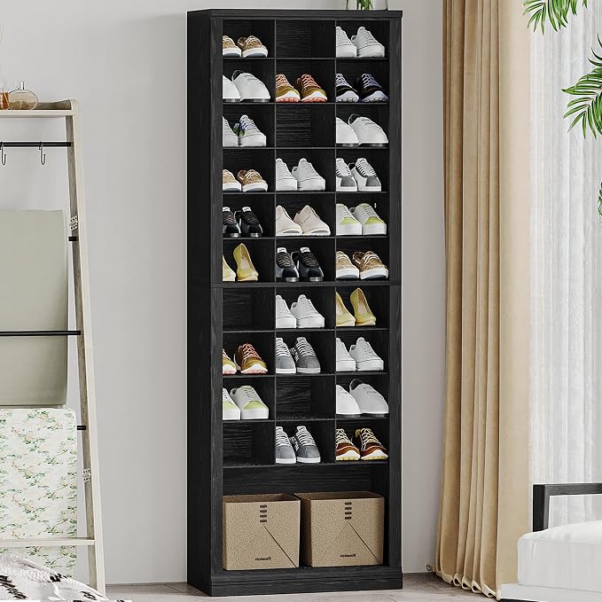 Hzuaneri 11 Tiers Shoe Storage Cabinet, Tall Shoes Cabinet with Cubby | Freestanding Wooden Shoe Organizer, 30-33 Pairs, Shoes Cubby Organizer for Entryway, Bedroom, Black SR02004X