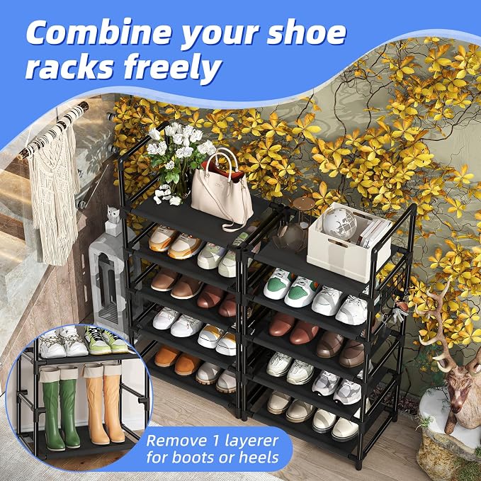 Simple Trending Tall Shoe Rack for Closet, 10 Tiers Narrow Shoe Shelf Holds 20 Pairs, Shoe Organizer Storage with Hooks, Black