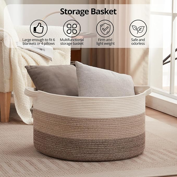OIAHOMY 105L Extra Large Blanket Basket - Decorative Cotton Rope Storage Basket for Bedroom, Living Room & Nursery - Woven Laundry Hamper for Organizing Blankets, Clothes & Toys - Gradient Brown