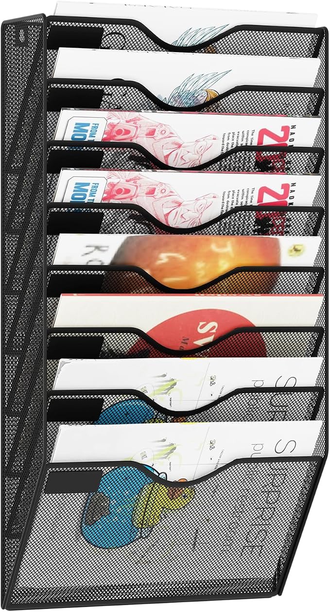 8 Pockets Hanging Wall File Organizer Mail Holder, Wall Mounted Paper Document Folder Holder, Clipboard Storage Organization Magazine Rack, Black