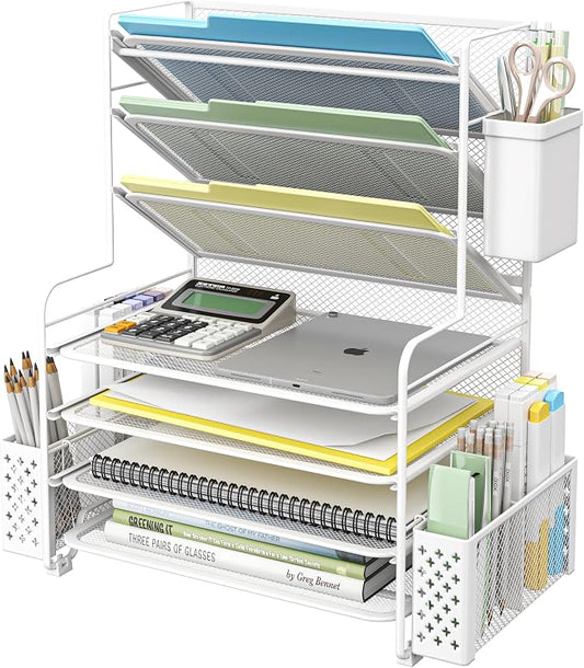 Simple Trending 7 Tier Desk File Organizer, Letter Tray Paper Organizer with Pen Holder and Metal Hanging Basket, White