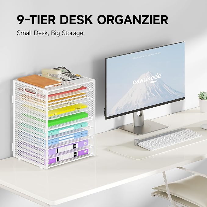 Cawukege 9 Tier Paper Organizer with Handle, Large Capacity Desk Organizer Mesh Paper Letter Tray File Folder Document Sorter for Classroom and Office Accessories Organization- White (2 Pack)