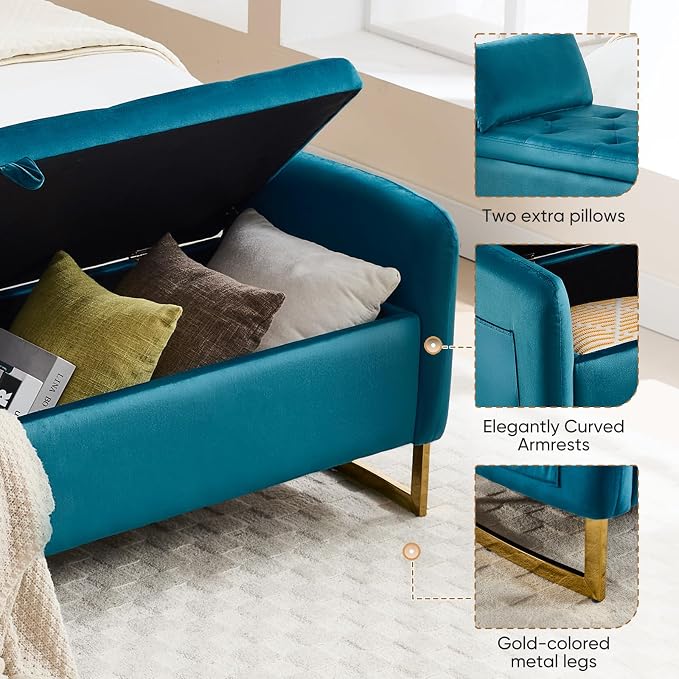 65" Storage Bench for Bedroom, Velvet End of Bed Bench, King Size Bed Benches for Foot with Tufted Button and Gold Legs, Upholstered Window Ottoman Benches with Armrests, Vintage Green