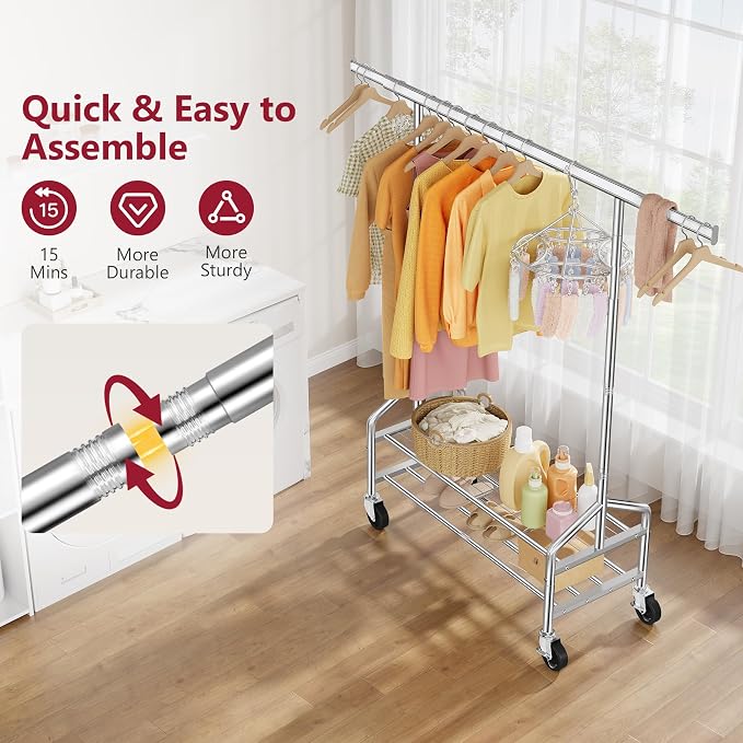 Clothes Rack with 2 Shelves, Heavy Duty Load 350 LBS, Chrome | Rolling Clothing Rack, Adjustable Length and Height, Garment Rack with Wheels for Bedroom, Student Dormitory and Laundry Room