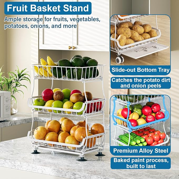 OKZEST 3-Tier Rolling Pantry Floor Organizer and Storage Cart with Wheels, Stackable Wire Pantry Baskets for Pantry Shelves, Kitchen Storage Rack and Fruit Basket Stand for Fruit Snack Onion Potato
