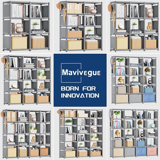 Mavivegue 20 Cube Storage Organizer Bookshelf, Grey | DIY Bookcase, Metal Cube Construction, Tall Design, Closet Storage Organizer