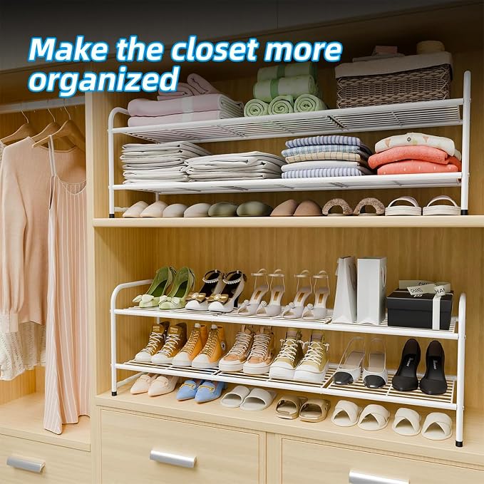 Shoe Rack for Closet, 2 Tier 44 Inch Extra Wide Shoe Storage Organizer for Shelves, Heavy Duty Metal, Easy Assembly, White