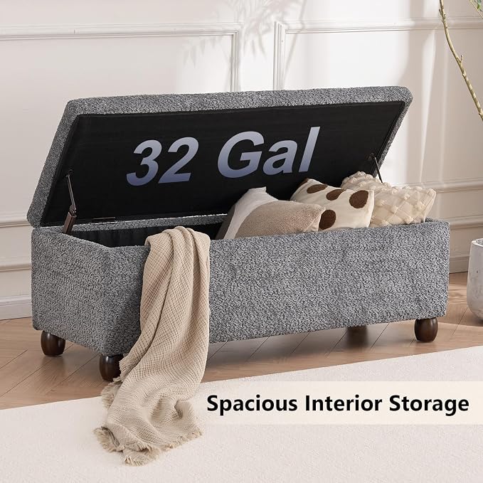 Boucle Storage Ottoman Bench, with Hidden Storage and Solid Wood Legs | Modern End of Bed Bench, Rectangle Footrest, Hidden Storage, Solid Wood Legs, Bedroom, Living Room and Entryway Use, Grey