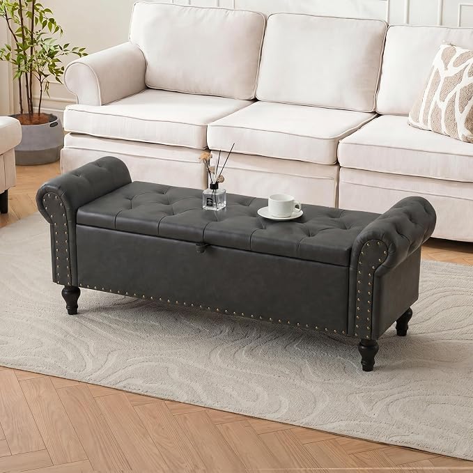 51" Storage Bench for Bedroom, Upholstered Ottoman Bench, Leather DarkGray | End of Bed Bench for Bedroom, Window Benches for Living Room, Entryway, Ottoman with Large Storage Space, Pet Friendly