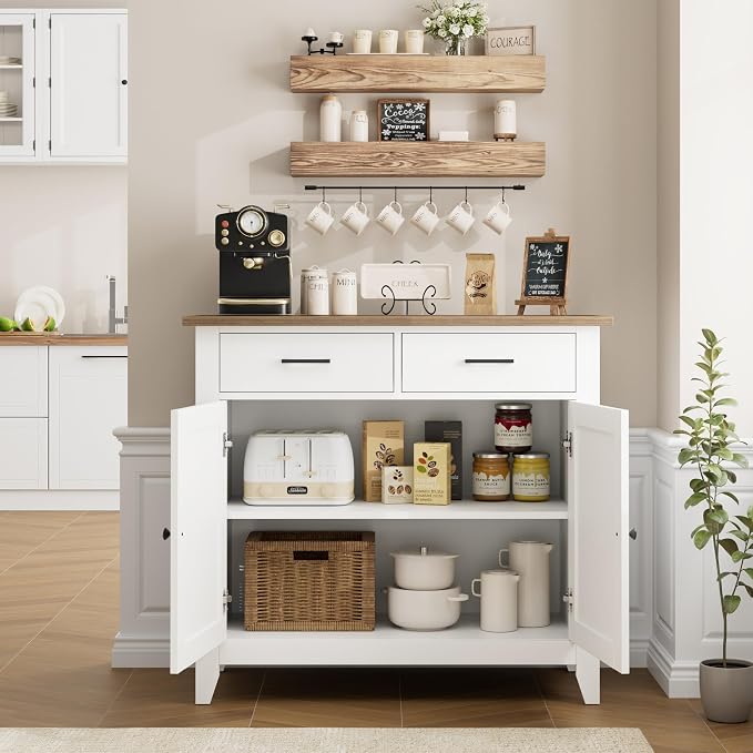 HORSTORS Farmhouse Kitchen Storage Cabinet, Small Buffet, Coffee Bar, White | Buffet Sideboard with 2 Drawers & 2 Doors, 35.8"W Coffee Table, Sapce-saving Kitchen Cabinet for Dining Living Room, Entryway