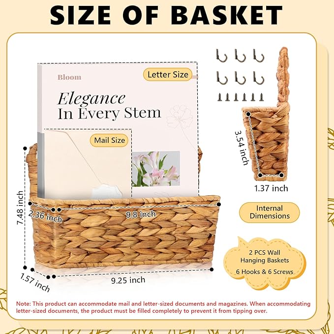 2 Pcs Woven Mail Holder Wall Mount Basket 9.25x1.57 Inch Rattan Wall Letter Holder Wicker Wall Basket Storage Water Hyacinth Hanging Storage Basket with Hooks for Mail Envelope Office