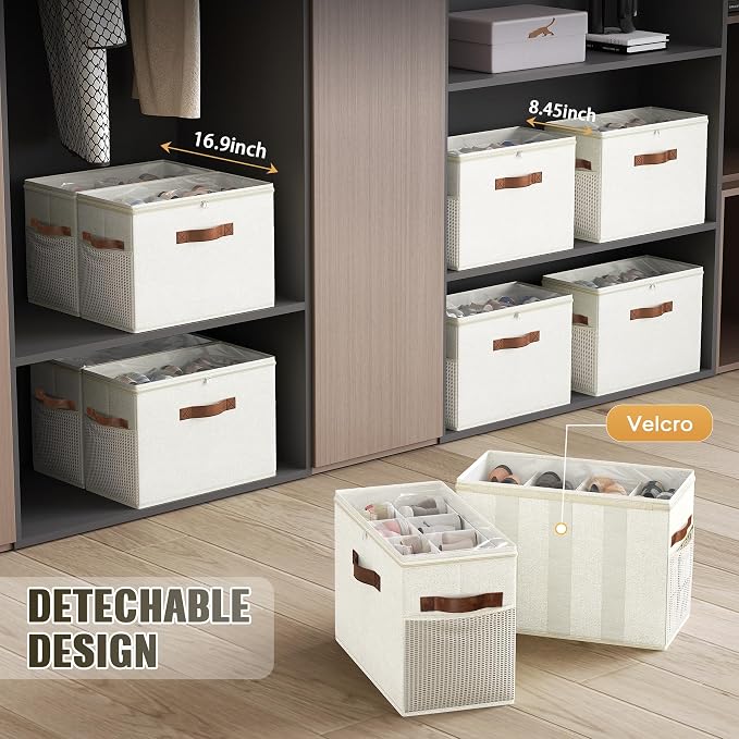 2 Pack Shoe Organizer for Closet, Foldable Shoe Storage with Adjustable | Farbic shoe storage organizer box bin with clear cover, fits up to 16 pairs, shoe storage box for closet, entryway, beige