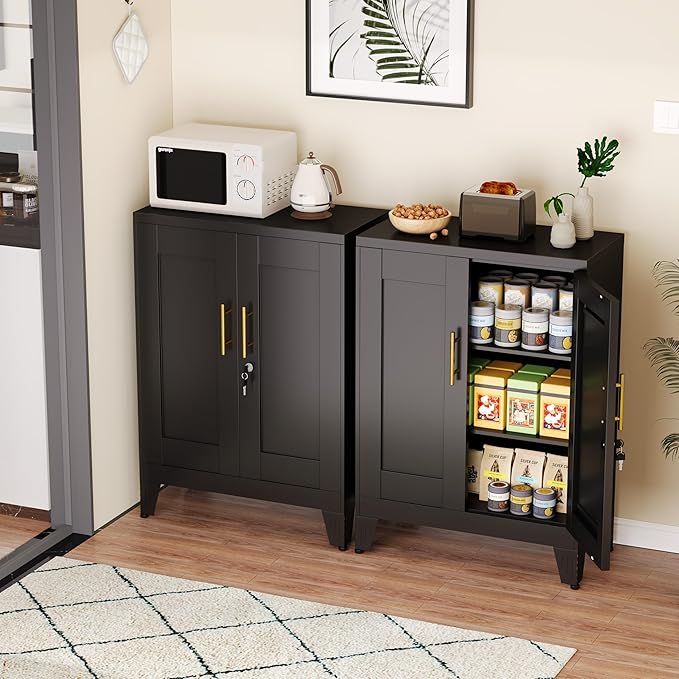 GAIOUS Black Metal Pantry Cabinet with Lock(Two Units), Sideboard Buffet | Storage Cabient with Doors and 2 Adjustable Shelves, Multifunctional Kitchen Cupboard for Home Office, Buffet Table