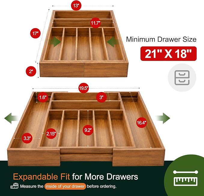 Large Premium Acacia Silverware Organizer - Expandable Drawer Organizer & Utensil Organizer - 17"x19.7" Cutlery Tray with Dividers for Kitchen Utensils and Flatware (7-9 Slots) Acacia
