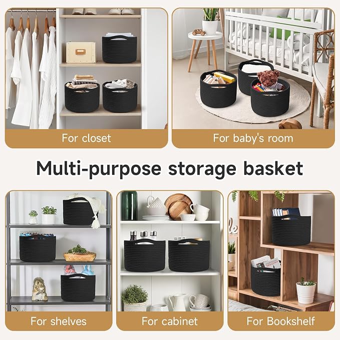 3 Pack Small Rope Storage Baskets, 9.82×9.82×7.1", Black | Cotton Basket for Gifts Empty, Cute Round Woven Basket, Decorative Shelf Basket Organizer, Organizing Basket for Shelves