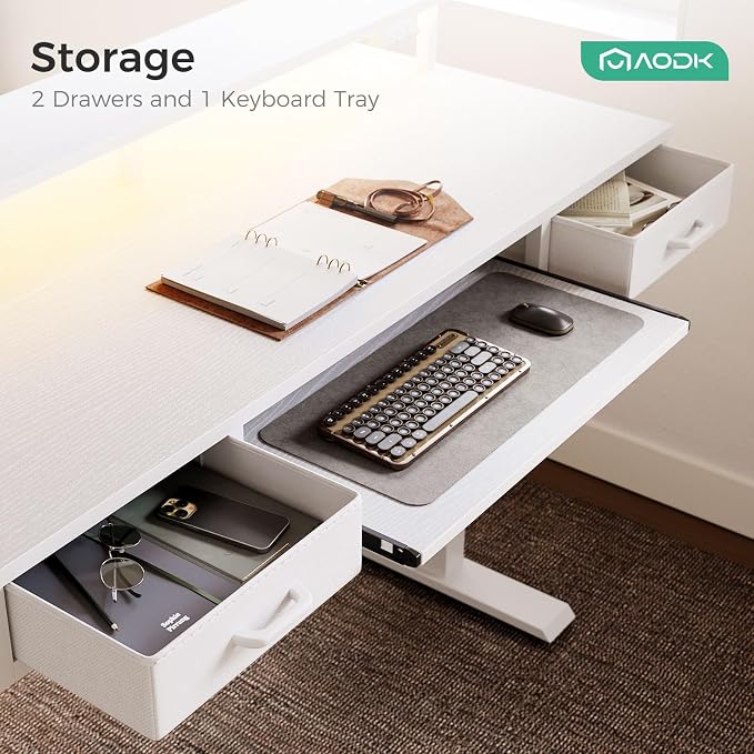 AODK 55 Inch Electric Standing Desk with Drawers & Keyboard Tray, White | 3 Outlets & 2 USB Ports, LED Lights, Monitor Stand, Cable Management Tray, 3 Memory Heights, 29.9"-46.1" in Range