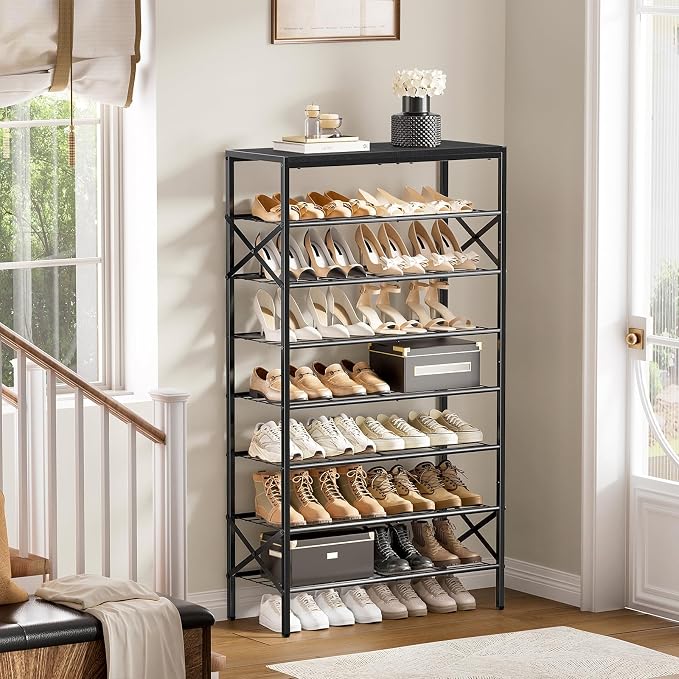 8 Tier Metal Shoe Rack with Wood Top, 24-32 Pairs Black | 52in tall maximizes vertical space. 2 iron sheets for heels. Remove a layer for tall boots. Versatile for home.