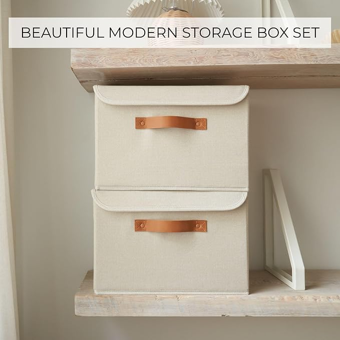 ZICOTO Decorative Linen Storage Boxes with Lids - Large Set of 2 Organizer Bins for Your Home Decor - The Perfect Container to Safely Store Photos, Documents and Memory Box Keepsakes in Style