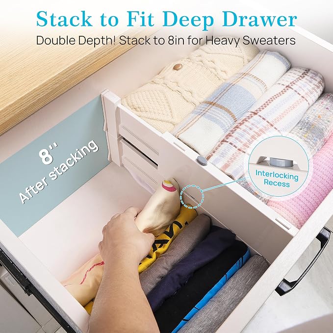 Vtopmart 12 Pack Drawer Dividers for Clothes, 4" High 11.3"-17" Adjustable Expandable Dresser Drawer Organizer, Plastic Drawers Separator for Dresser, Baby Clothes, Underwear, Kitchen & Office Storage