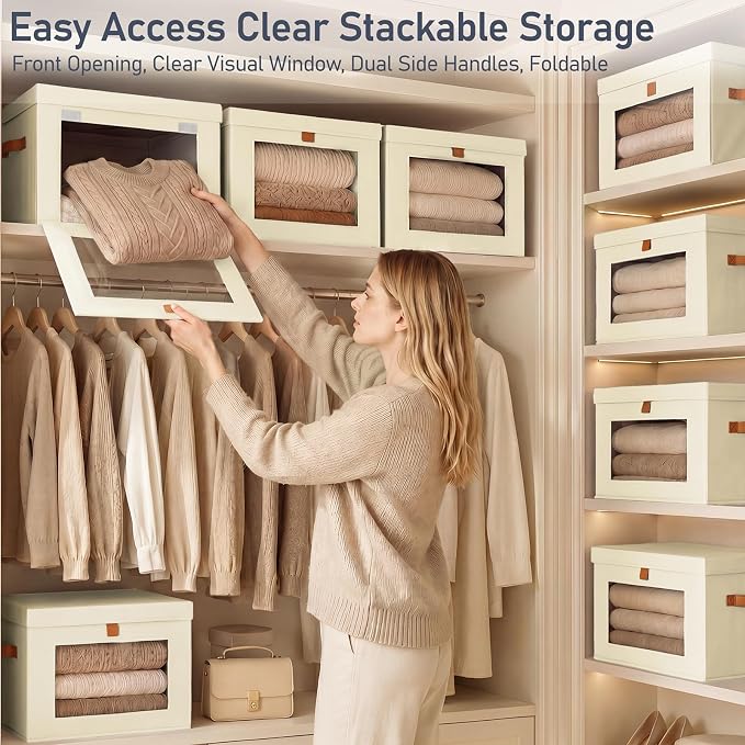 DIMJ Storage Bins with Lids - 6 Pack Front Opening Stackable Fabric Storage Boxes with Clear Window & Handles, Collapsible Closet Organizers for Clothes, Sweaters, Shelf Storage, Bedroom, Beige