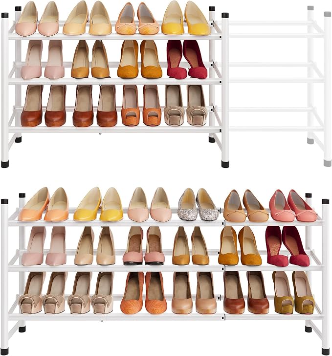 Expandable Shoe Rack for Closet 3 Tier, 28“-41“Stackable, White | Adjustable Shoe Organizer Closet Shoe Rack Floor, Metal Shoe Shelf Storage for Entryway, Closet, Garage, Front Door Entrance
