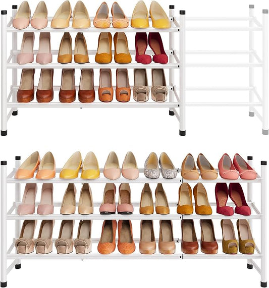 Expandable Shoe Rack for Closet 3 Tier, 28“-41“Stackable, White | Adjustable Shoe Organizer Closet Shoe Rack Floor, Metal Shoe Shelf Storage for Entryway, Closet, Garage, Front Door Entrance