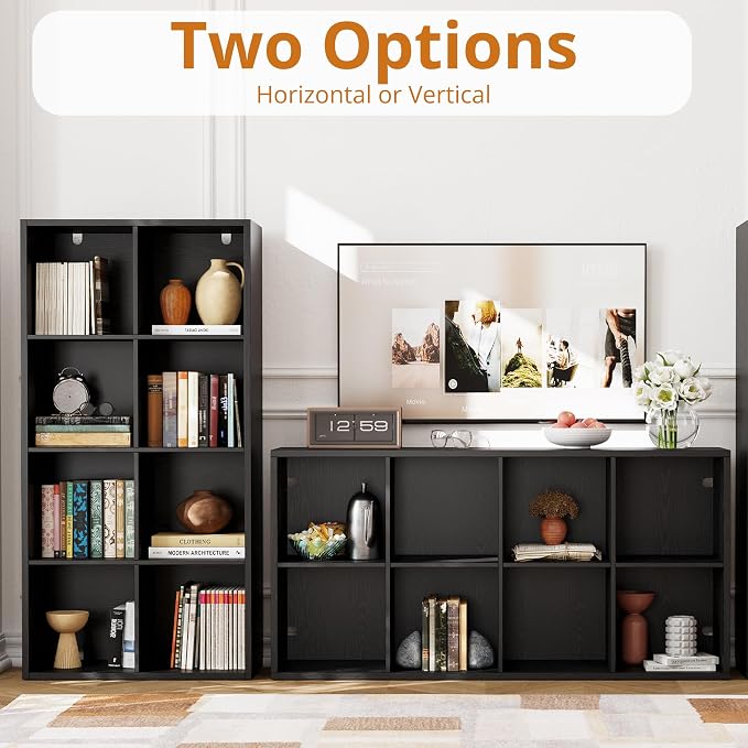 IRONCK 8-Cube Storage Organizer, Reversible Vertical Bookshelf, Black | 8-cube reversible shelf organizer. Bookshelf or TV stand. Extra-thick frame, FSC certified. Anti-tip.