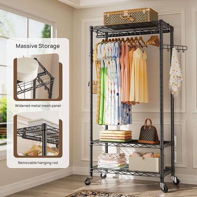 Golpart Heavy Duty Rolling Clothes Rack Wheels Portable Metal Garment Rack | Wardrobe Adjustable Wire Shelving Metal Double Clothing Racks for Hanging Clothes Organizer Closet Laundry Room Organization