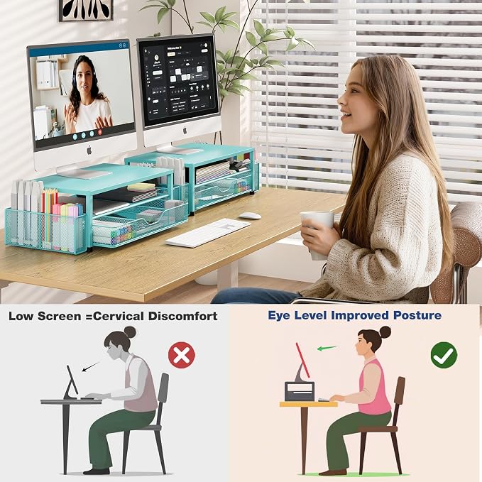 OPNICE Desk Organizer and Accessories, 2-Tier Computer Monitor Stand Riser with Drawer and 2 Pen Holders, Laptop Stand, Office Desk Accessories for Office Supplies, 1 Pack, Teal Blue