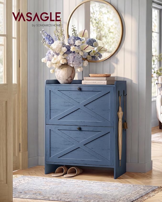 VASAGLE Shoe Storage Cabinet Organizer with 2 Flip Drawers, Freestanding Narrow Shoe Rack Cabinet for Entryway, Farmhouse Style, Fits 14 to 16 Pairs, Cloud Creek Blue UHSC203QR01