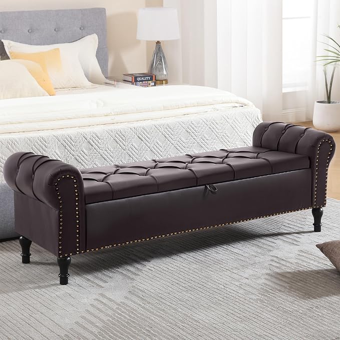 Faux Leather Storage Bench 67 Inch Upholstered Tufted Ottoman Bench with Arms Large Storage Space King Size End of Bed Bench for Bedroom Living Room Entryway Whiskey Coffee