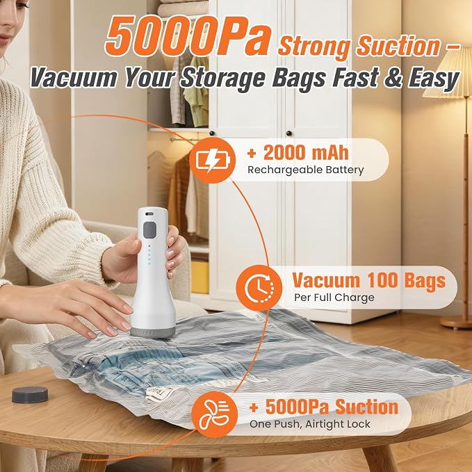 18 Pack Vacuum Storage Bags for Travel with Rechargeable Cordless Pump, Space Saver Bags for Clothes, Compression Packing Bags for Luggage and Suitcase, 18 Combo Size