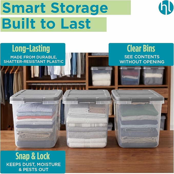 Home Logic 29 Qt Latched Storage Bin with Lid, Stackable Plastic Storage Container, Organizer for Home, Office & Classroom, 6 Pack, Gray