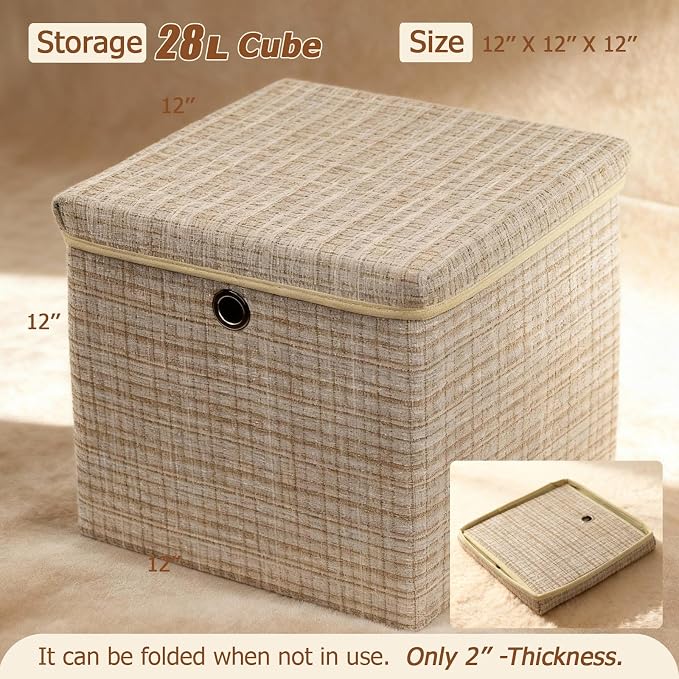 modscape 12x12x12 Collapsible Fabric Cube Storage Bins with Lids | Clothes storage bins for shelves, closet, bedroom. Decorative boxes with lids, treasure box for classroom(Shining Beige, 3)